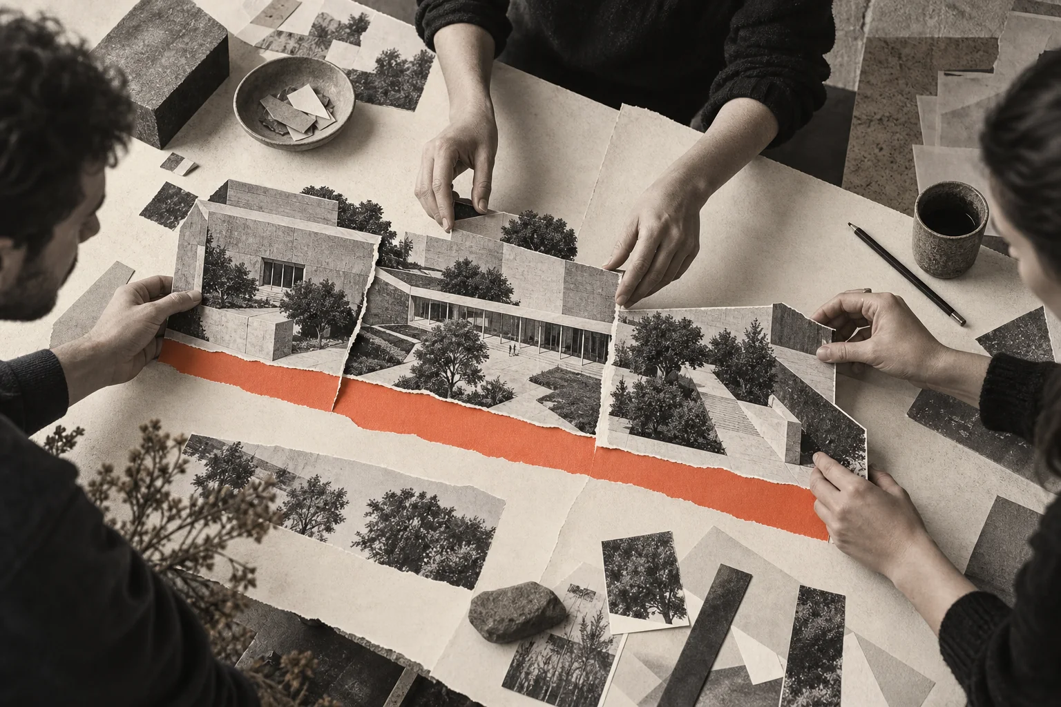 Collage photographique : plusieurs mains assemblent les pièces d’un projet commun.